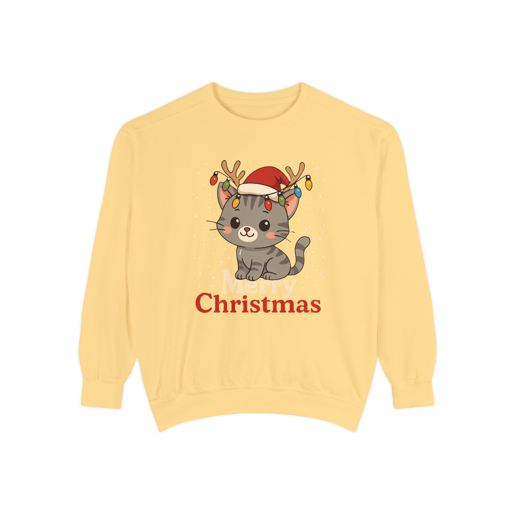 Cute Kitten with Reindeer Antlers Christmas Sweatshirt | Holiday Cat Crewneck