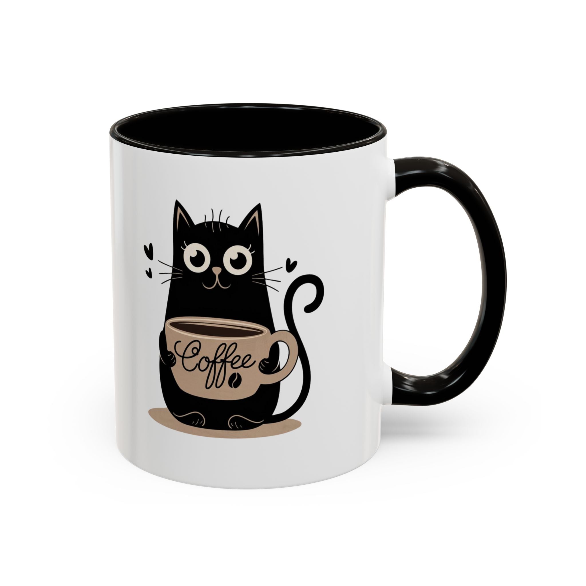 Cat Coffee Mug — Cute Black Cat Holding 'Coffee' Ceramic Mug (11oz & 15oz)