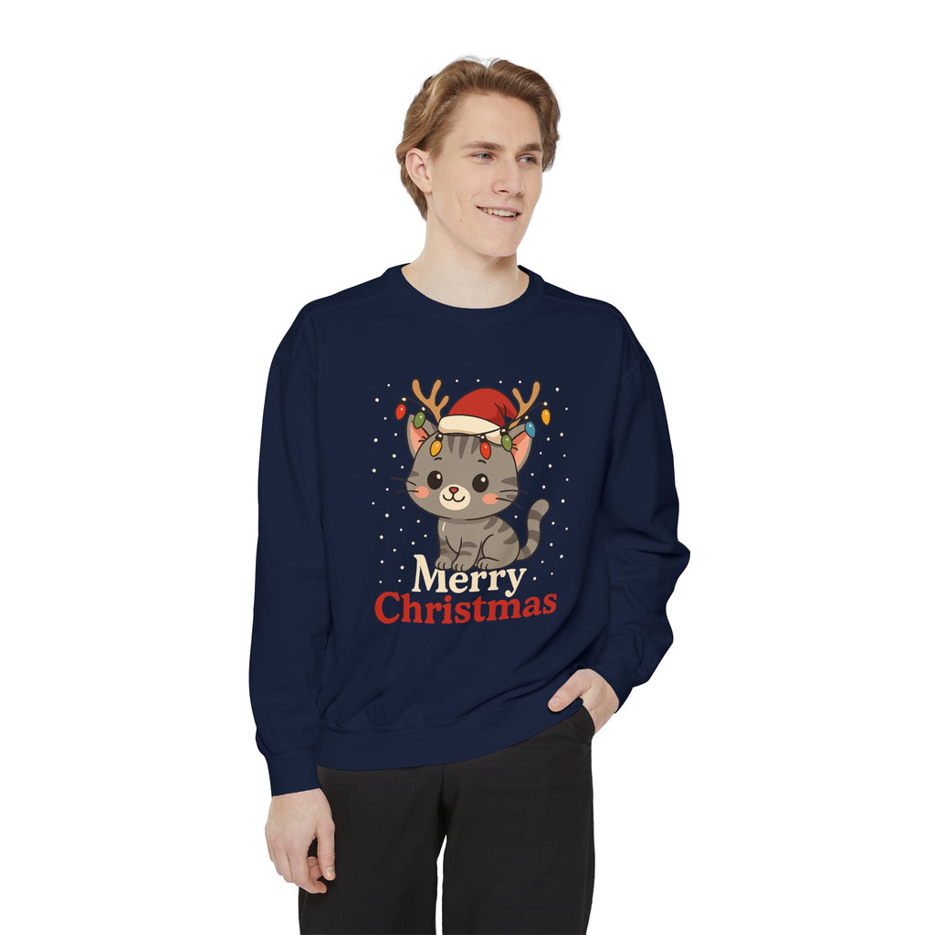 Cute Kitten with Reindeer Antlers Christmas Sweatshirt | Holiday Cat Crewneck