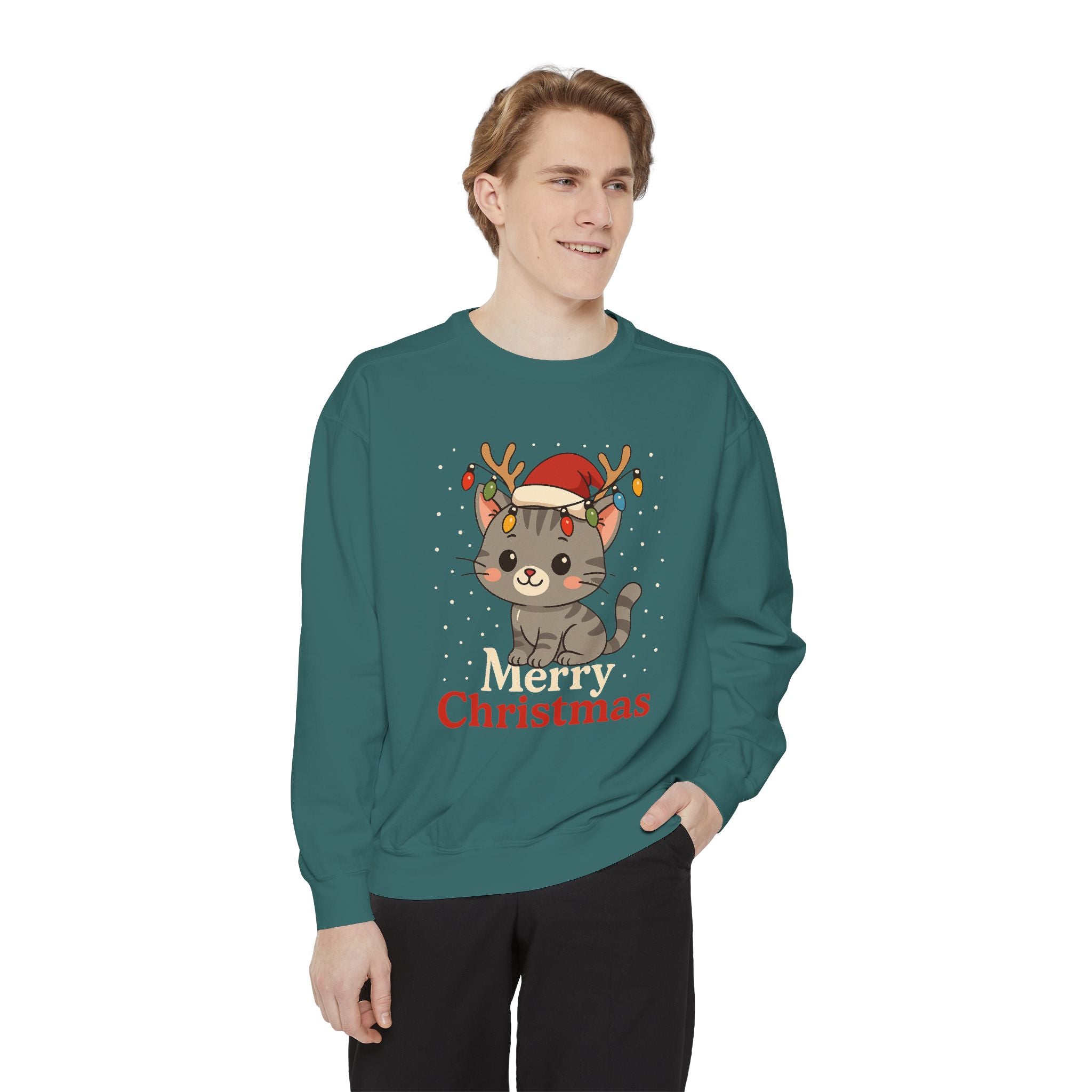 Cute Kitten with Reindeer Antlers Christmas Sweatshirt | Holiday Cat Crewneck