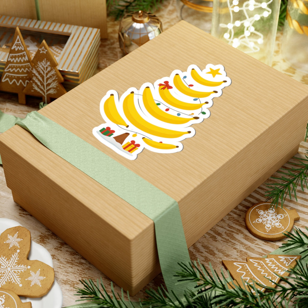 Banana Christmas Tree Kiss-Cut Sticker — Cute Holiday Laptop Decal