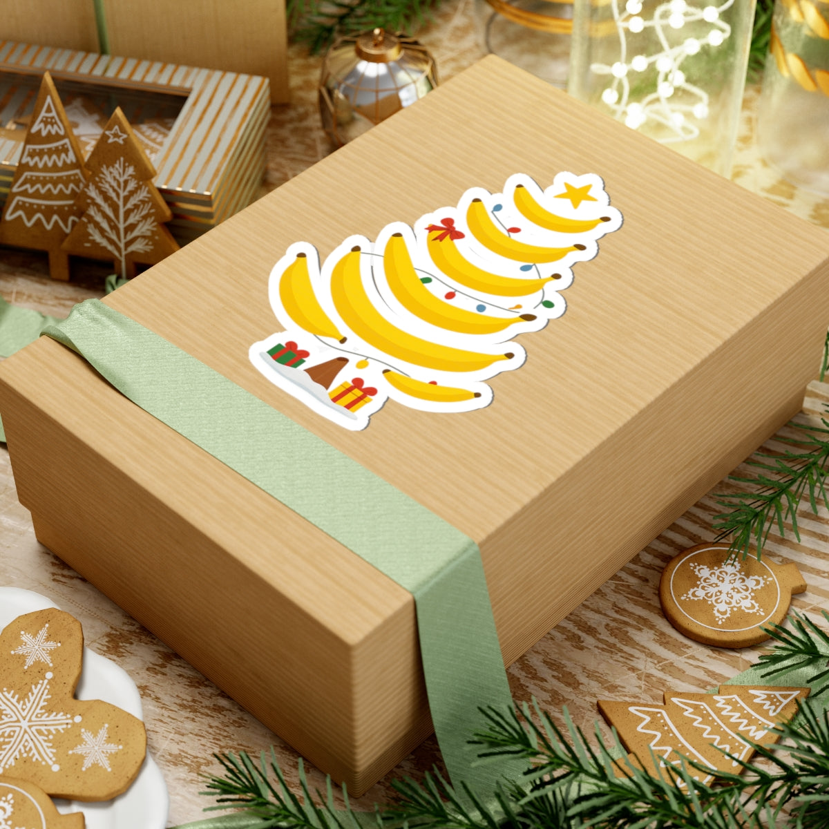 Banana Christmas Tree Kiss-Cut Sticker — Cute Holiday Laptop Decal