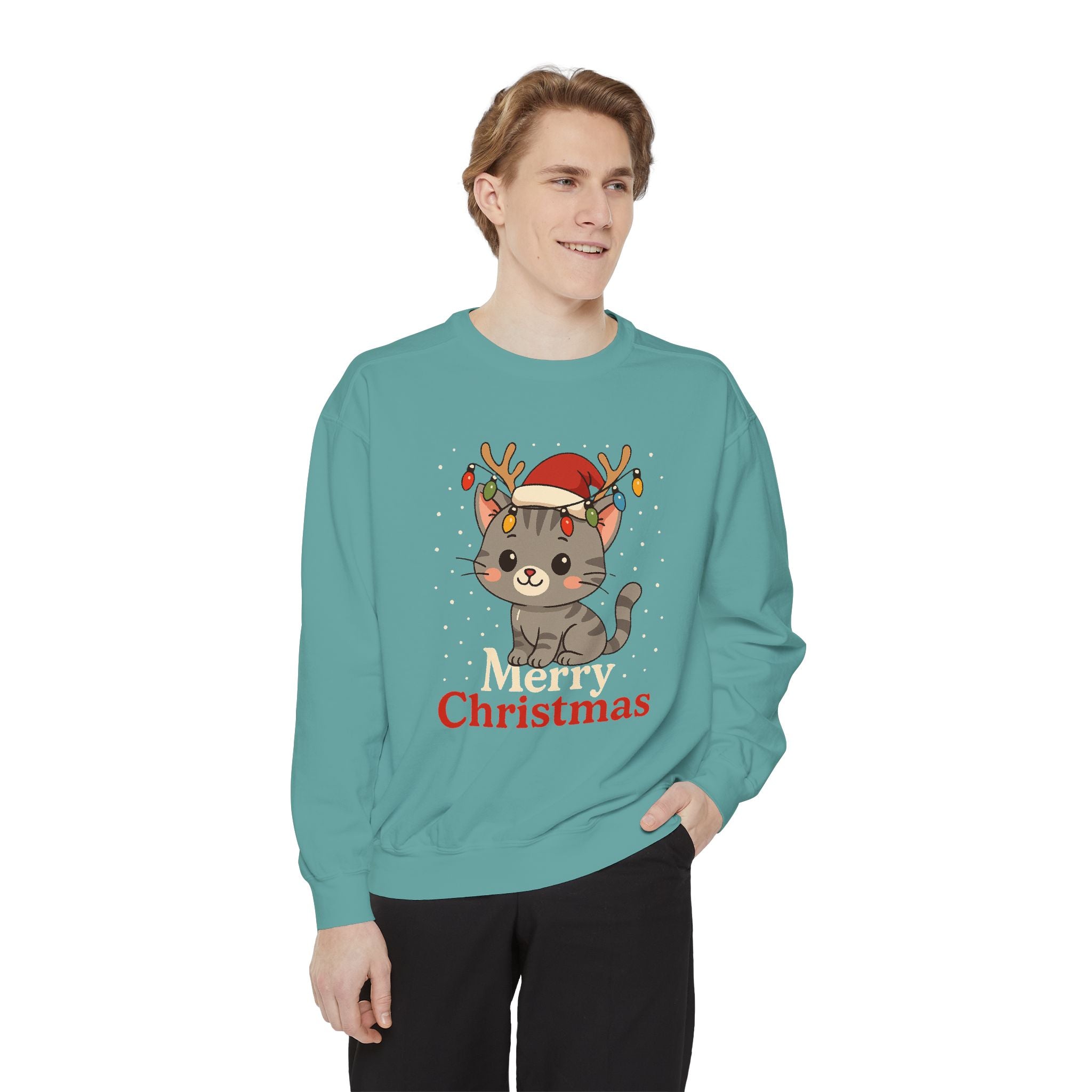 Cute Kitten with Reindeer Antlers Christmas Sweatshirt | Holiday Cat Crewneck