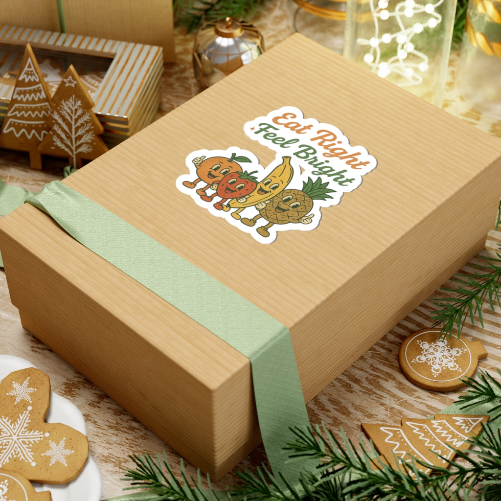 Eat Right Feel Bright Fruit Sticker — Cute Retro Fruit Characters, Healthy Living Laptop Decal