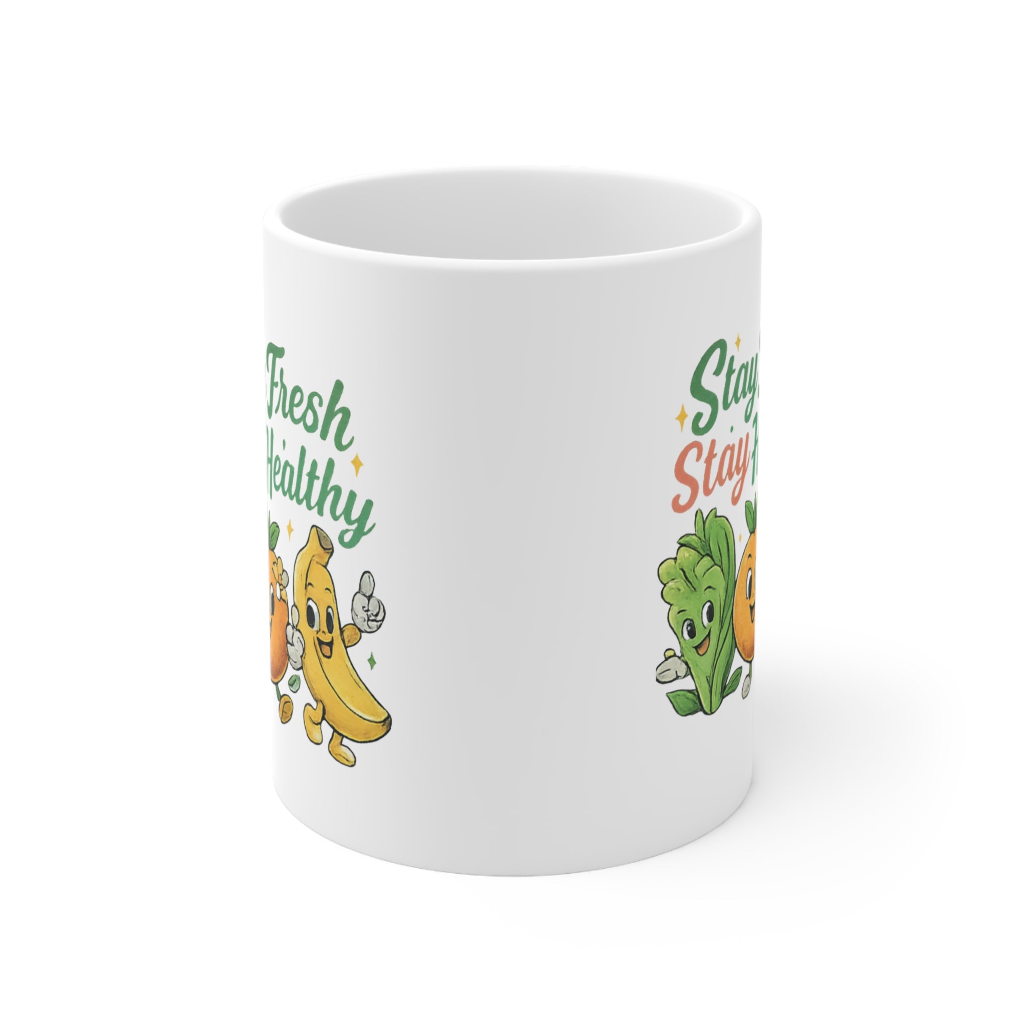 Stay Fresh Stay Healthy Mug — Cute Fruit & Veggie 11oz Ceramic Coffee Cup