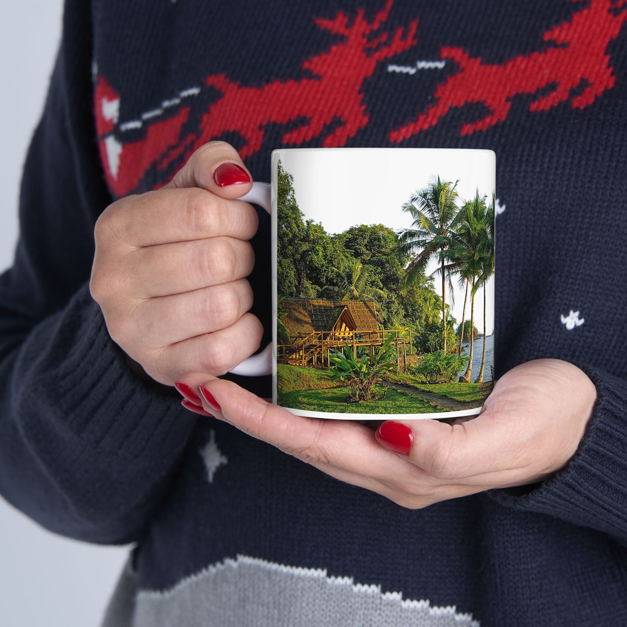 Tropical River Landscape Ceramic Mug – Island Palm Cottage Coffee Cup (11oz/15oz)