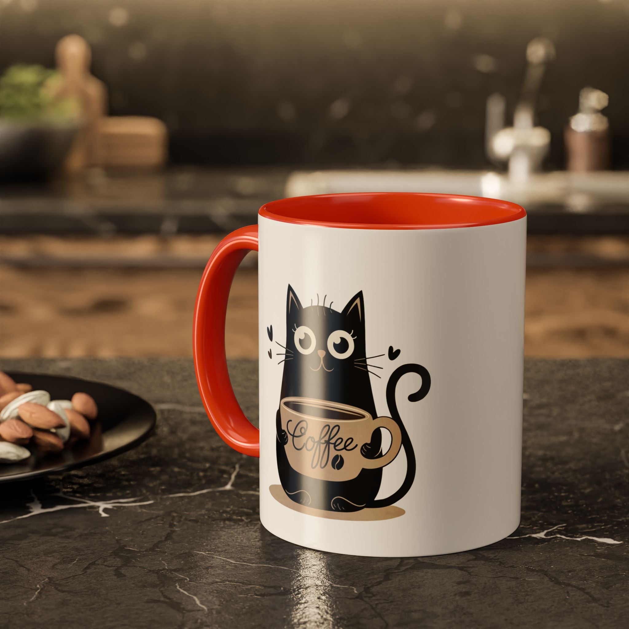 Cat Coffee Mug — Cute Black Cat Holding 'Coffee' Ceramic Mug (11oz & 15oz)