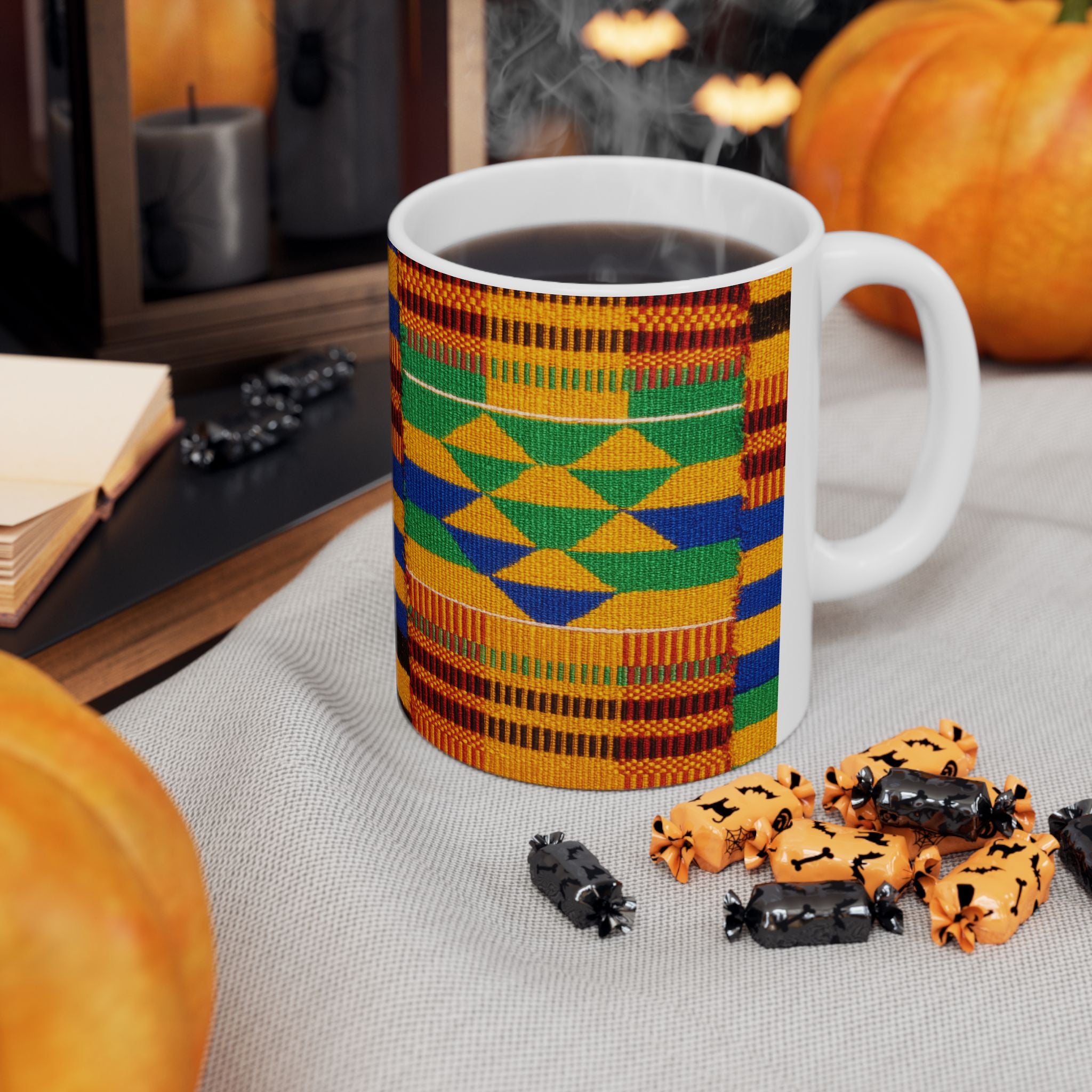 Kente Pattern Ceramic Mug, Colorful African Print Coffee Cup (11oz & 15oz)
