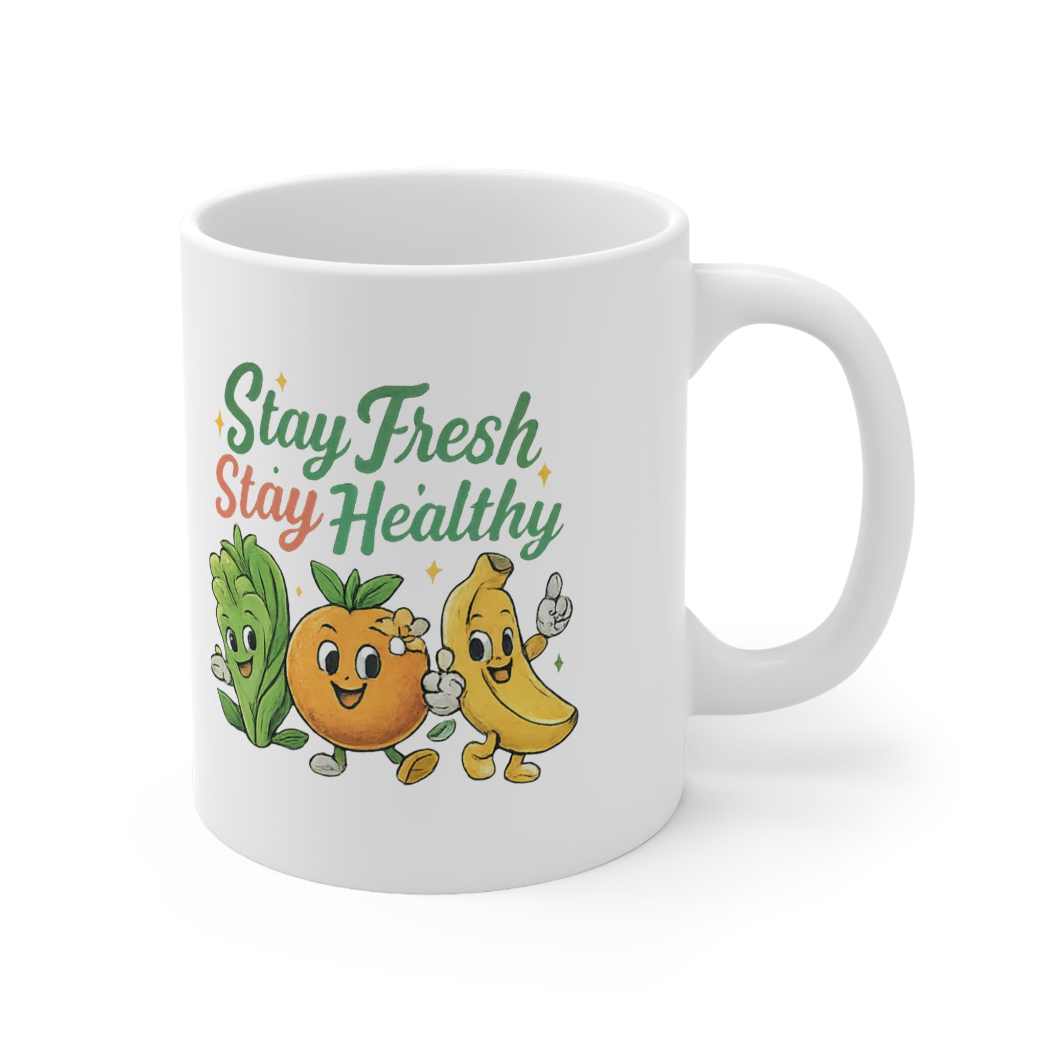 Stay Fresh Stay Healthy Mug — Cute Fruit & Veggie 11oz Ceramic Coffee Cup