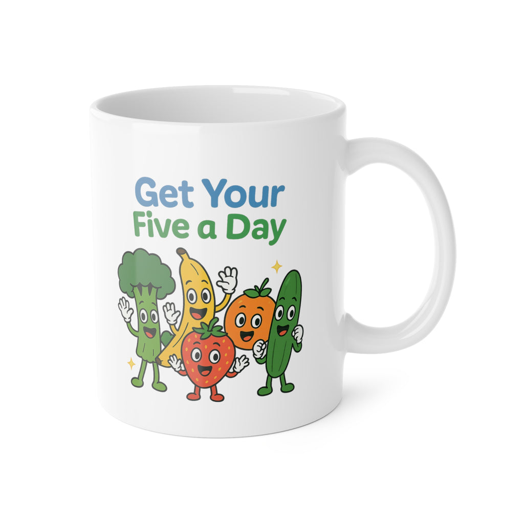 Get Your Five a Day Mug — Cute Fruit & Veggie Cartoon 11oz Ceramic