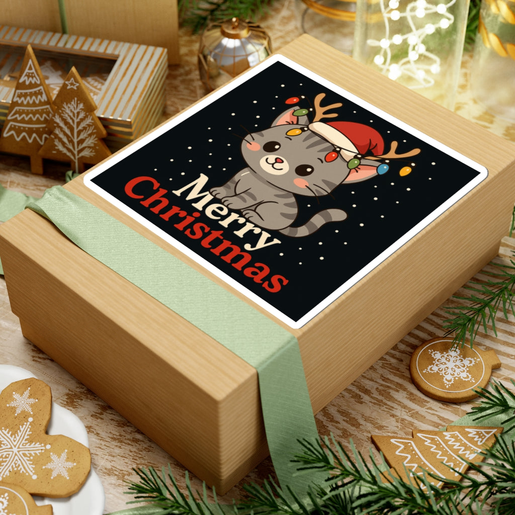 Cute Cat 'Merry Christmas' Sticker — Festive Holiday Kiss-Cut Decal