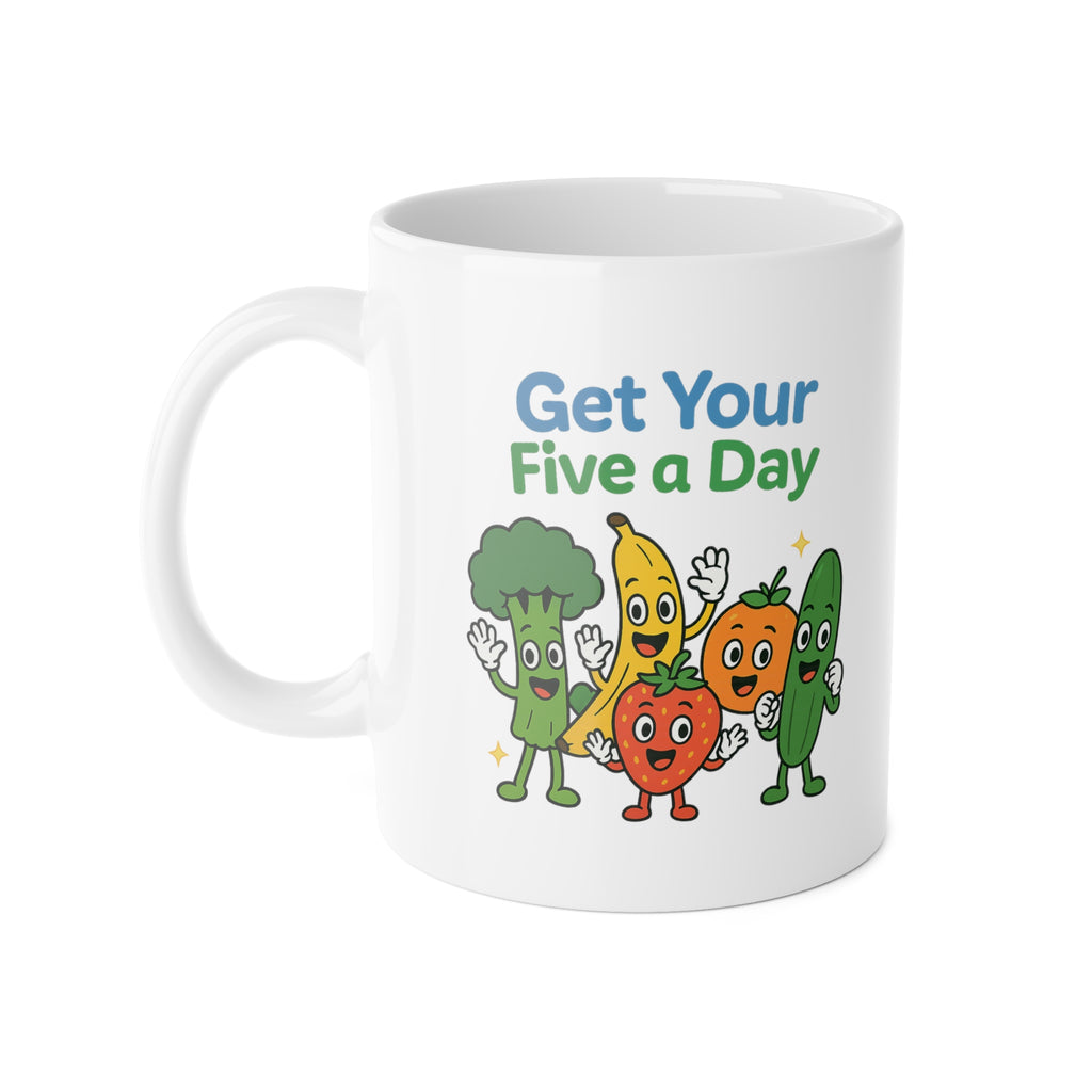 Get Your Five a Day Mug — Cute Fruit & Veggie Cartoon 11oz Ceramic