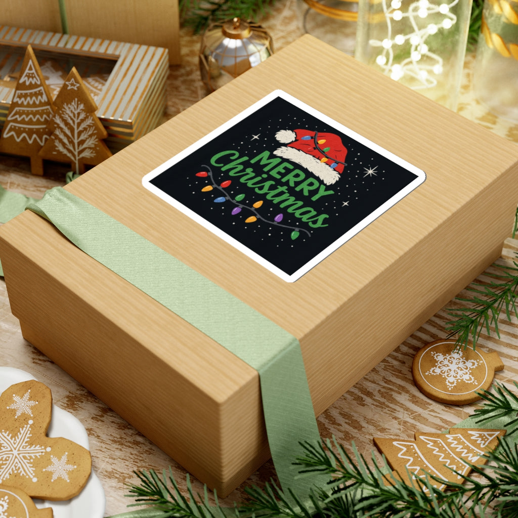 Merry Christmas Sticker — Festive Santa Hat & Holiday Lights Kiss-Cut Sticker