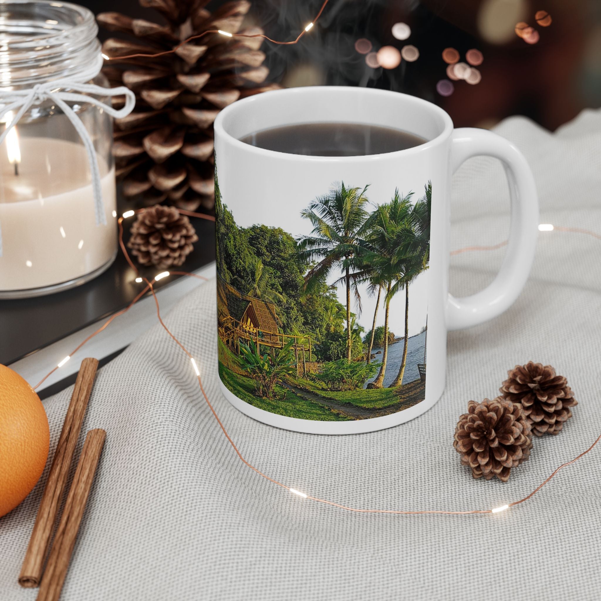 Tropical River Landscape Ceramic Mug – Island Palm Cottage Coffee Cup (11oz/15oz)