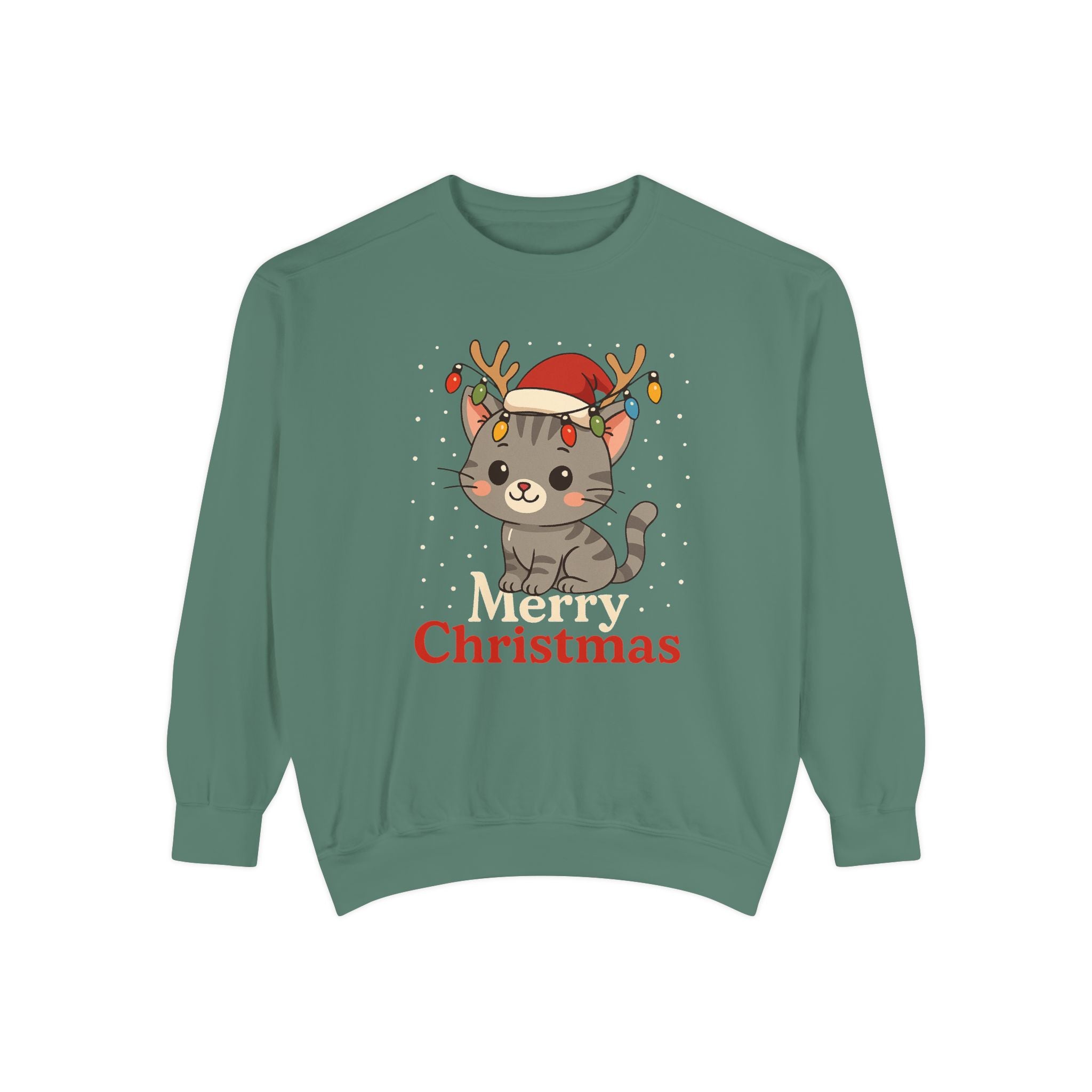Cute Kitten with Reindeer Antlers Christmas Sweatshirt | Holiday Cat Crewneck